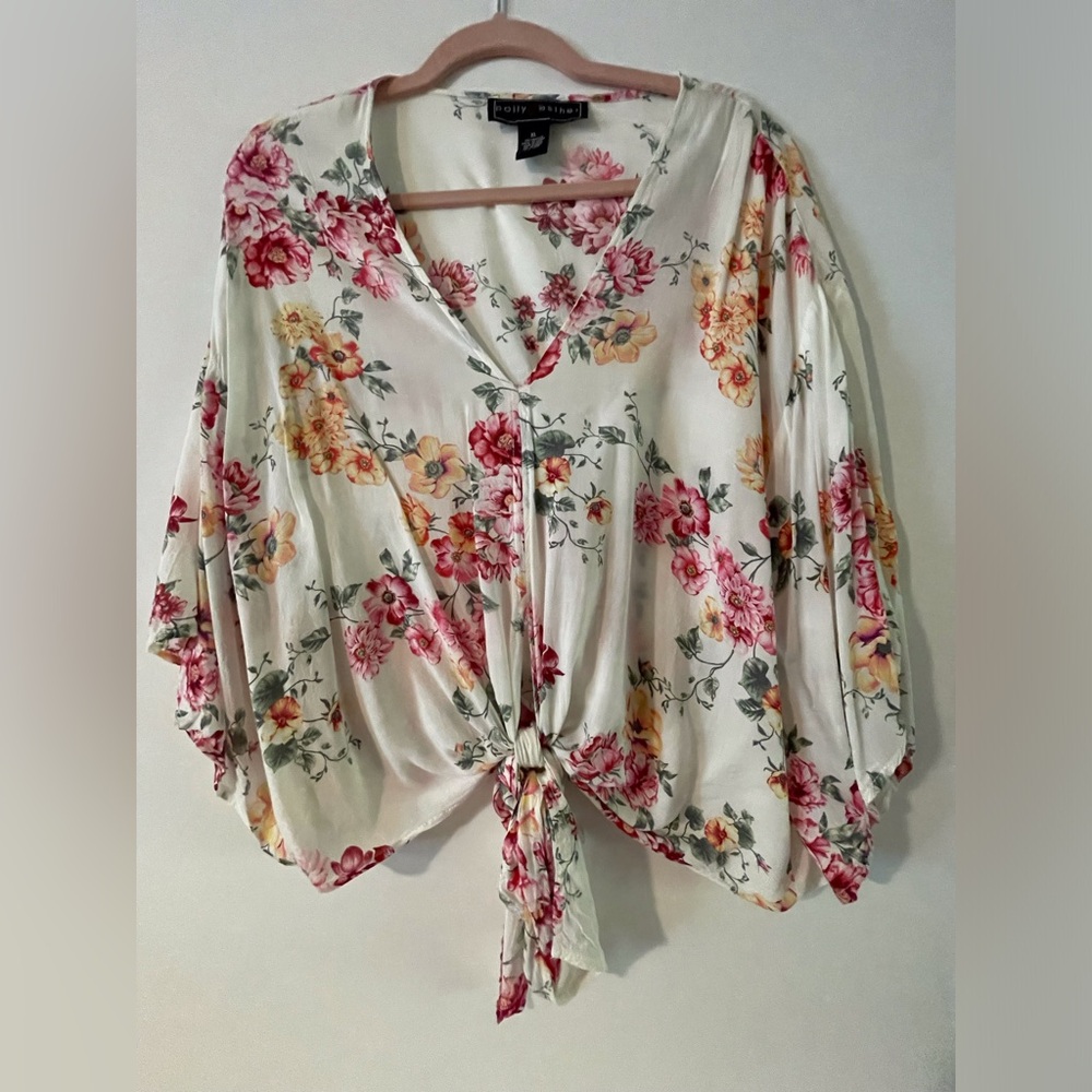 Polly & Esther Pink Floral Tie-Front Blouse